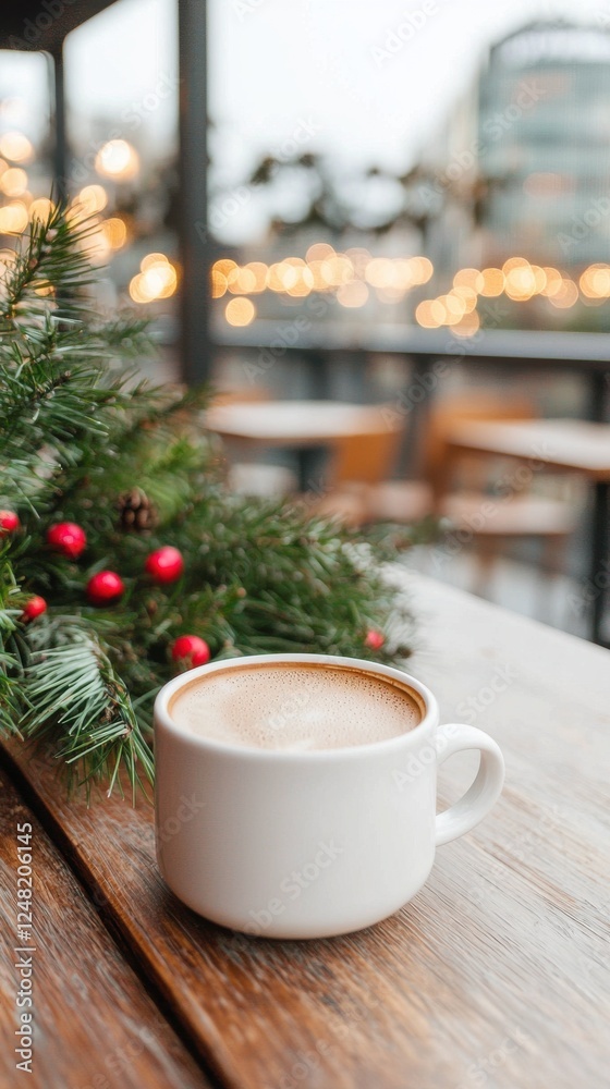 Cozy Coffee Cup on Wooden Table Surrounded by Christmas Decor and Warm Lights in a Charming Café Setting Cozy Coffee Cup on Wooden Table Surrounded by Christmas Decor and Warm Lights in a Charming Café Setting