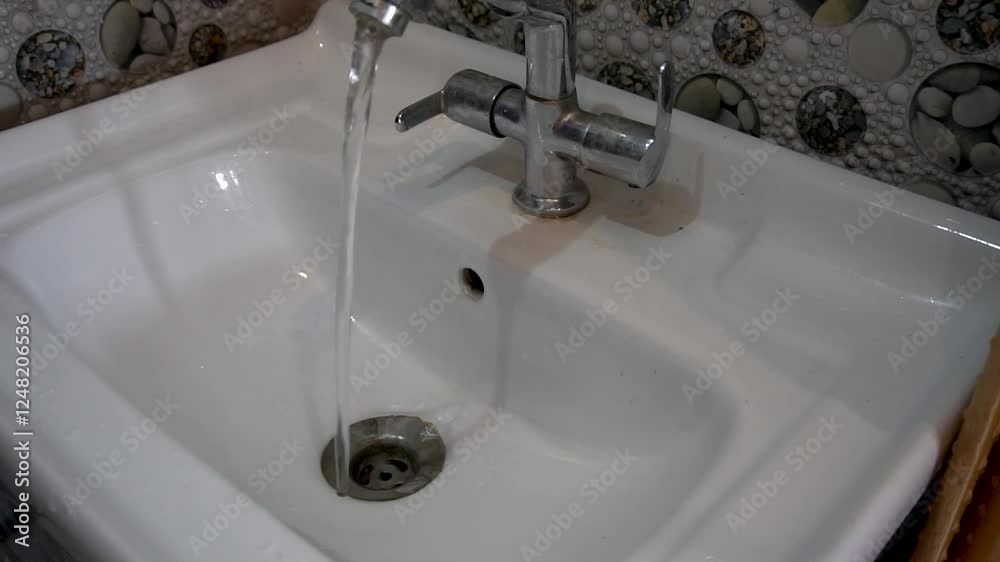 Aqua resource conservation. Ecology problem. Clean water running from white sink tap. Aqua resource conservation. Ecology problem. Clean water running from white sink tap.