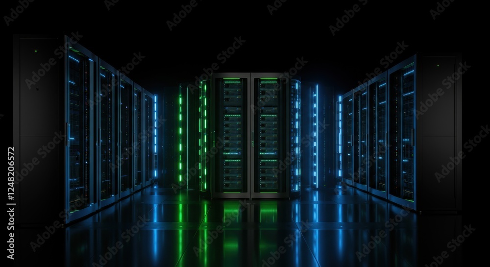 Futuristic data center with illuminated server racks in a dark room Futuristic data center with illuminated server racks in a dark room