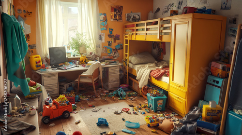 Messy bedroom with playing kids, dirty furniture, clutter and scattered garbage. Children play in untidy hostel or dormitory room with bunk bed, computer and wardrobe, vector cartoon illustration
