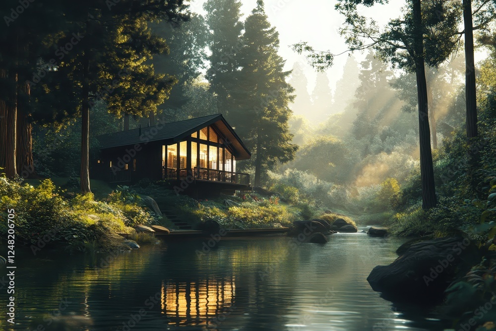 Fototapeta premium Tranquil morning light illuminates a serene cabin by the water in a lush forest setting