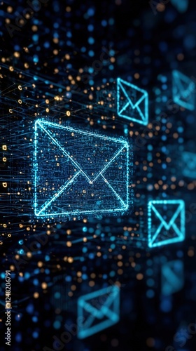 Digital email communication concept with futuristic blue highlighted envelope icons
