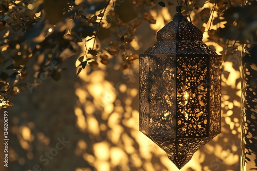 Ornate lantern hanging in garden at sunset photo