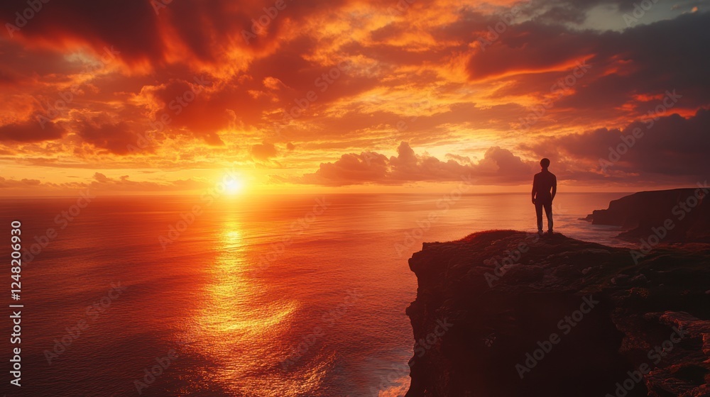 Fototapeta premium Solitary Figure at Sunset Over Dramatic Ocean Cliffs