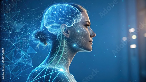 Digital Woman with Holographic Brain and Neural Network Representing Artificial Intelligence and Advanced Technology