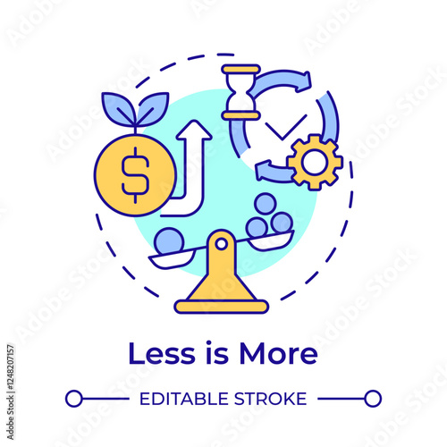 Less is more multi color concept icon. Scales wages. Minimalism, philosophy. Asset management. Round shape line illustration. Abstract idea. Graphic design. Easy to use in infographic