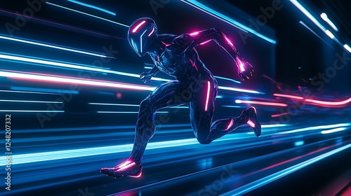 Futuristic Runner Speeds Through Neon Light Streaks