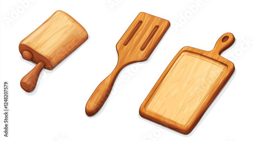 Wooden kitchen tools for cooking food isolated on white background. Vectro cartoon set of culinary spatula, rolling pin and cutting board. Kitchenware, utencil photo