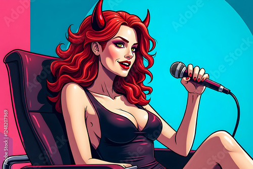 An elegant devil journalist blogger, a pretty woman, sits in a chair in front of a microphone and hosts a program about hellish life.
