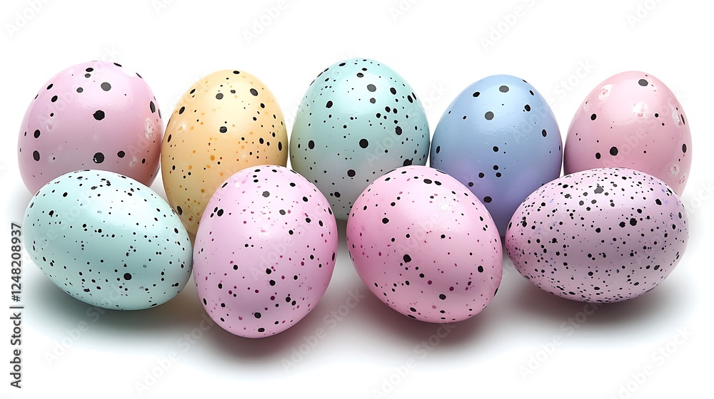 This image portrays a festive Easter scene featuring a small assortment of decorative eggs, each uniquely designed with intricate patterns and a palette of soft, pastel hues. Set against a bright This image portrays a festive Easter scene featuring a small assortment of decorative eggs, each uniquely designed with intricate patterns and a palette of soft, pastel hues. Set against a bright