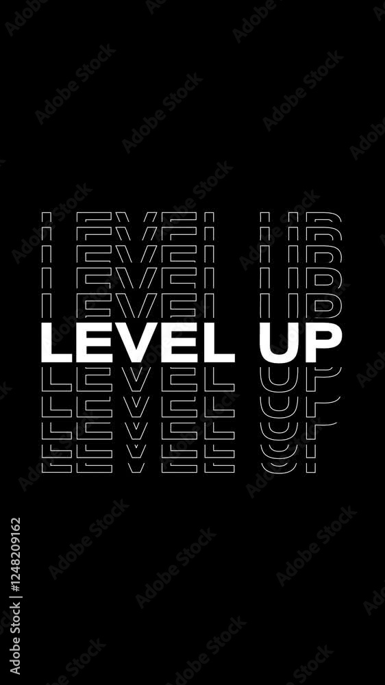 Vertical video animation of level up title animation in white on a black background - seamless loop. Suitable for gaming. 