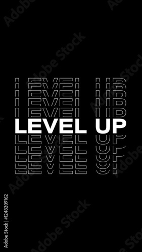 Vertical video animation of level up title animation in white on a black background - seamless loop. Suitable for gaming. 