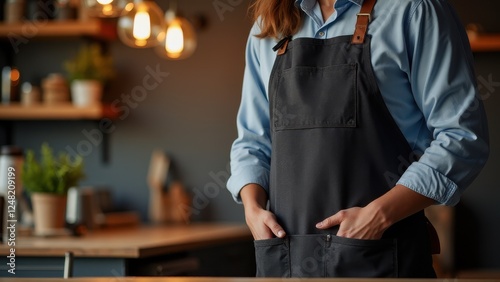 A person wearing a black apron mockup in a cozy, well-lit kitchen setting.