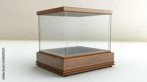 Fototapeta Naklejka Na Ścianę i Meble -  Glass showcase, display, exhibit stand, transparent box front and angle view on wood or plastic base. Crystal block, exhibition or award podium, glossy isolated object Realistic 3d vector illustration