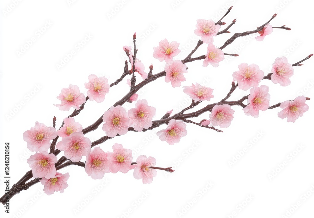 Pink Cherry Blossom Branch Against White Background Pink Cherry Blossom Branch Against White Background