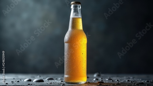 A beer bottle mockup with condensation droplets on the surface, standing on a wet surface with a dark, blurred background.