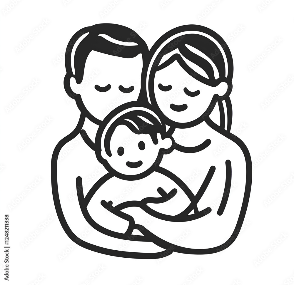 parents hugging their child, simple lines, white background parents hugging their child, simple lines, white background