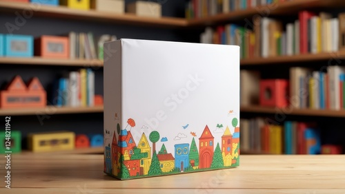 Board game mockup with colorful illustrations of houses and trees on the box, set against a background of bookshelves.