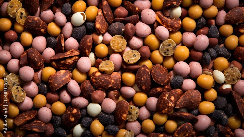 Closeup view of various food pellets or granules coated with seasoning or spices highlighting their textured surfaces against a clean white background Closeup view of various food pellets or granules coated with seasoning or spices highlighting their textured surfaces against a clean white background