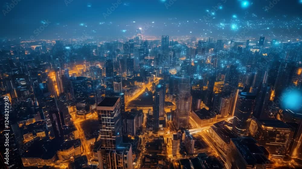 Night Cityscape: A mesmerizing aerial view of a futuristic metropolis at night, illuminated by vibrant lights and connected by a network of digital lines. Night Cityscape: A mesmerizing aerial view of a futuristic metropolis at night, illuminated by vibrant lights and connected by a network of digital lines.