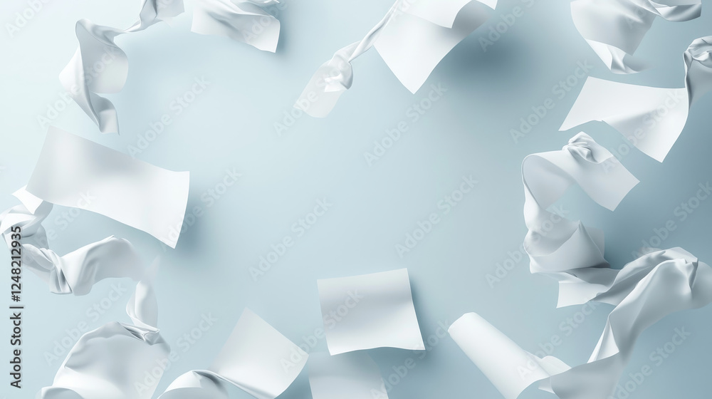 Obraz premium Realistic fly paper sheets. 3d vector illustration set of floating in air white empty pages - scattered to sides and in form of rectangular frame. Falling down and wind blowing curl blank letter.