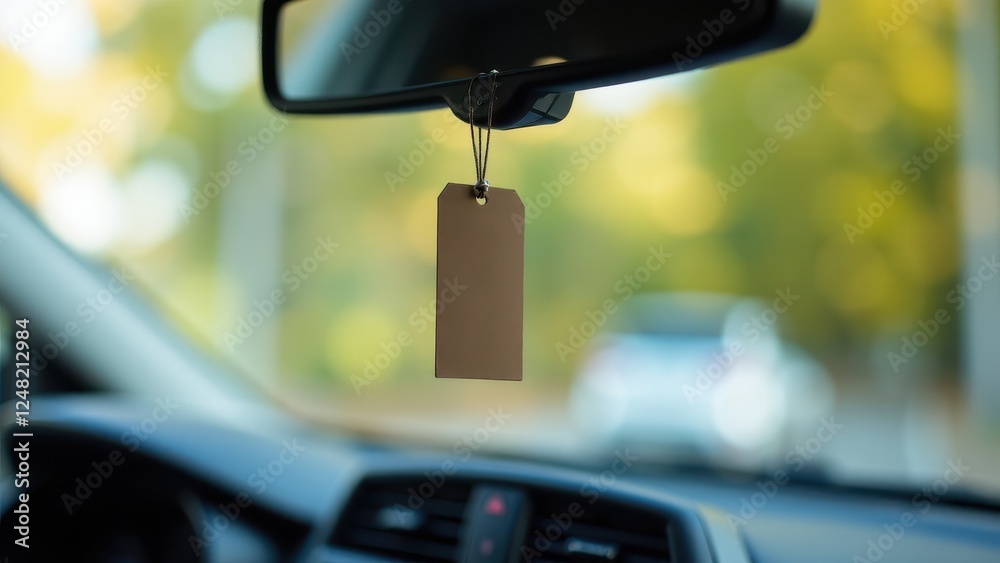 Car air freshener mockup hanging from the rearview mirror inside a vehicle with a blurred background.