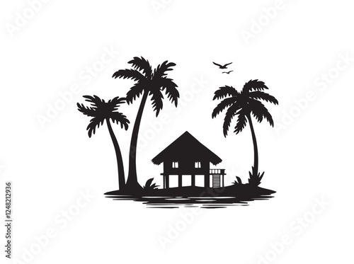 house near the water and palm trees vector silhouette. tropical landscape vector silhouette