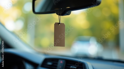 Obraz na płótnie Car air freshener mockup hanging from the rearview mirror inside a vehicle with a blurred background. w salonie
