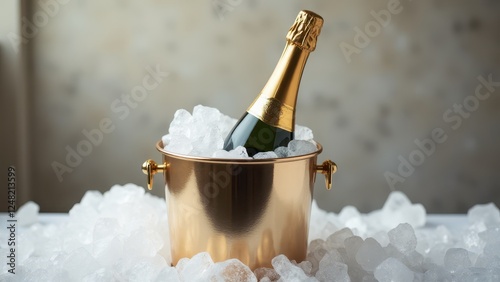 A champagne bottle mockup in a gold ice bucket surrounded by ice cubes.