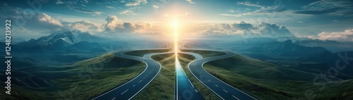 A futuristic road splitting into multiple paths but leading to the same bright future, depicting different perspectives converging in progress
