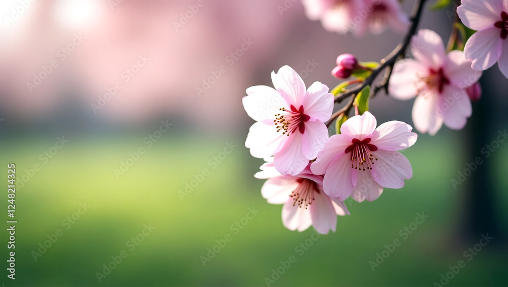 Close-up of cherry blossom branch with pink flowers and empty space for text for spring banner