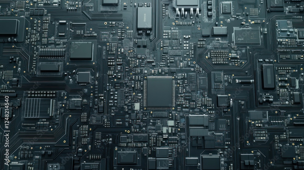 Fototapeta premium Electronic components background with Circuit board with resistor microchip, AI generated image