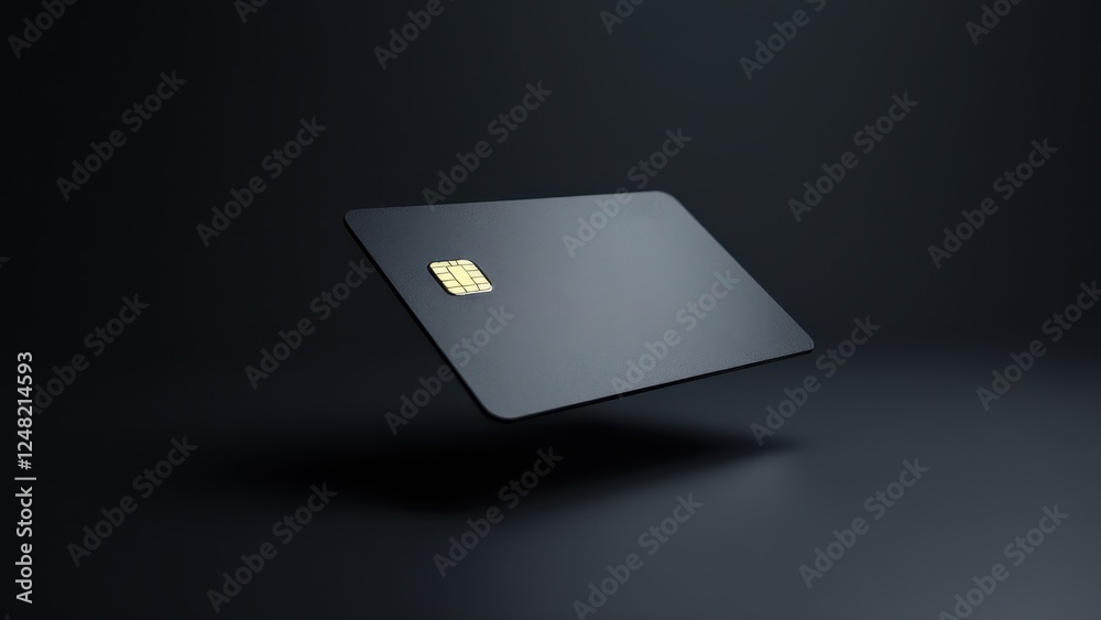 A sleek credit card mockup with a dark background, featuring a chip and embossed numbers.