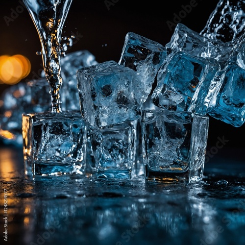 An artistic macro shot of ice cubes melting into vodka, creating a mesmerizing refraction of light.