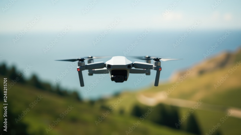 A drone mockup flying over a scenic landscape with hills and a body of water in the background.