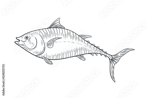 Bluefin tuna fish black white vector illustration. Sea fish engraving hand drawn. Albacore tuna graphic painted linear art. Mackerel drawing monochrome. Design element for package, label, sign board.