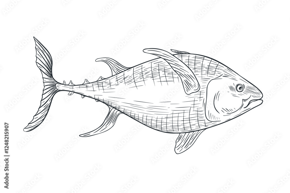 Obraz premium Single tuna fish black white vector illustration. Sea fish monochrome sketch hand drawn. Yellowfin tuna engraving ink art. Kingfish graphic drawing . Design element for package, label, sign board.