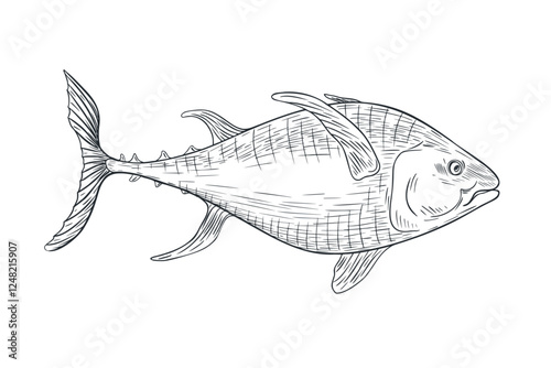 Single tuna fish black white vector illustration. Sea fish monochrome sketch hand drawn. Yellowfin tuna engraving ink art. Kingfish graphic drawing . Design element for package, label, sign board.