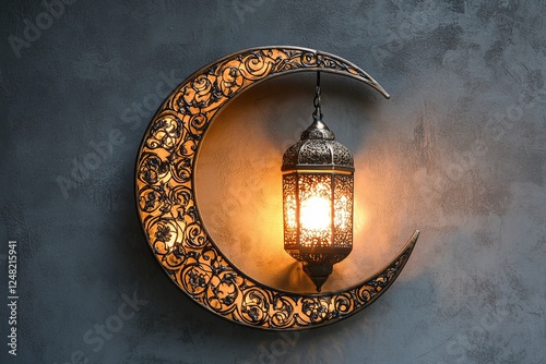 Ornate Crescent Moon Wall Lamp Against Textured Wall photo