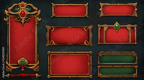 Red medieval ui game menu elements, buttons, banners with ornate rims and green gems. Empty royal gui bars for rpg or arcade, decorated borders web design interface Cartoon 3d vector illustration, set