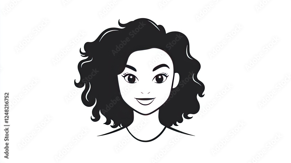 Stylized illustration of a smiling woman with curly hair on a plain background Stylized illustration of a smiling woman with curly hair on a plain background