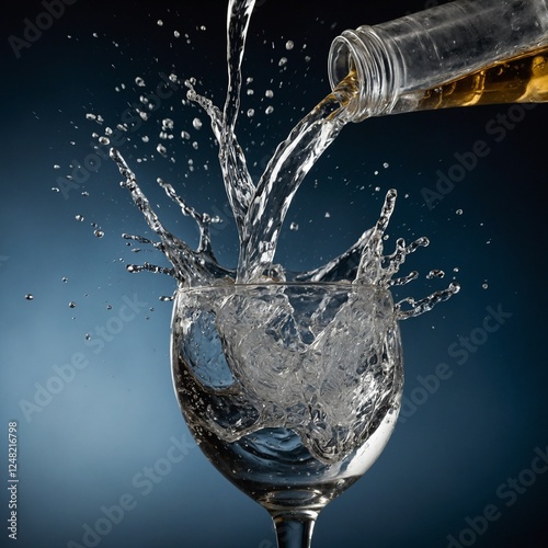 A creative splash effect of vodka being poured into a glass, frozen in time with a high-speed camera effect.