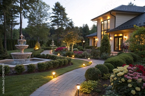 Fototapeta Naklejka Na Ścianę i Meble -  Elegant Estate: Luxurious Home with Manicured Gardens and Water Fountain