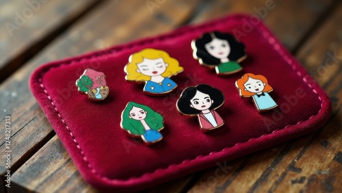 Colorful enamel pin mockup featuring various cartoon characters on a red velvet pad.