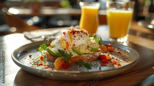 Gourmet Egg on Toast with Avocado and Tomato Slices Plate with Orange Juice Glasses Drink
