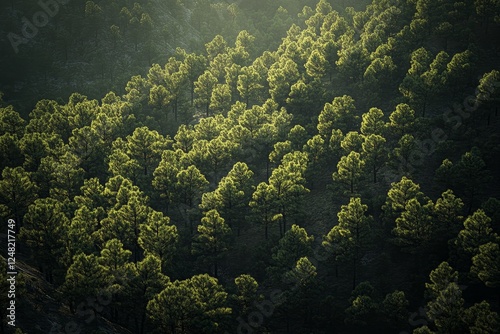 Dense pine forest landscape, sunlit mountainside, tranquil woodland scene photo