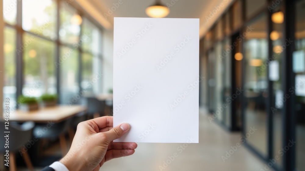 Hand holding a blank flyer mockup in a modern office setting with glass walls and tables in the background.