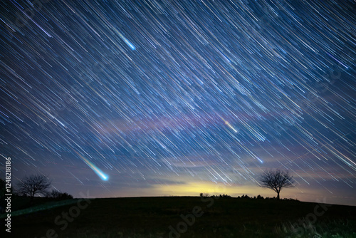 Milky Way stars with meteor shower trails and countryside silhouettes.