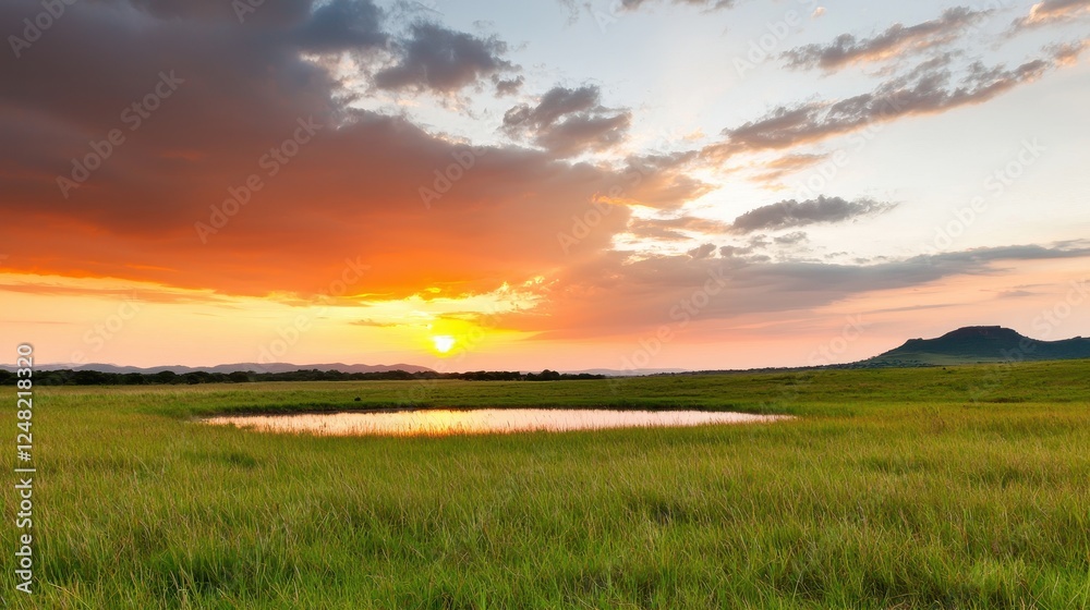 Obraz premium A serene landscape featuring a vibrant sunset over a grassy field with a small pond, surrounded by gentle hills and a colorful sky.