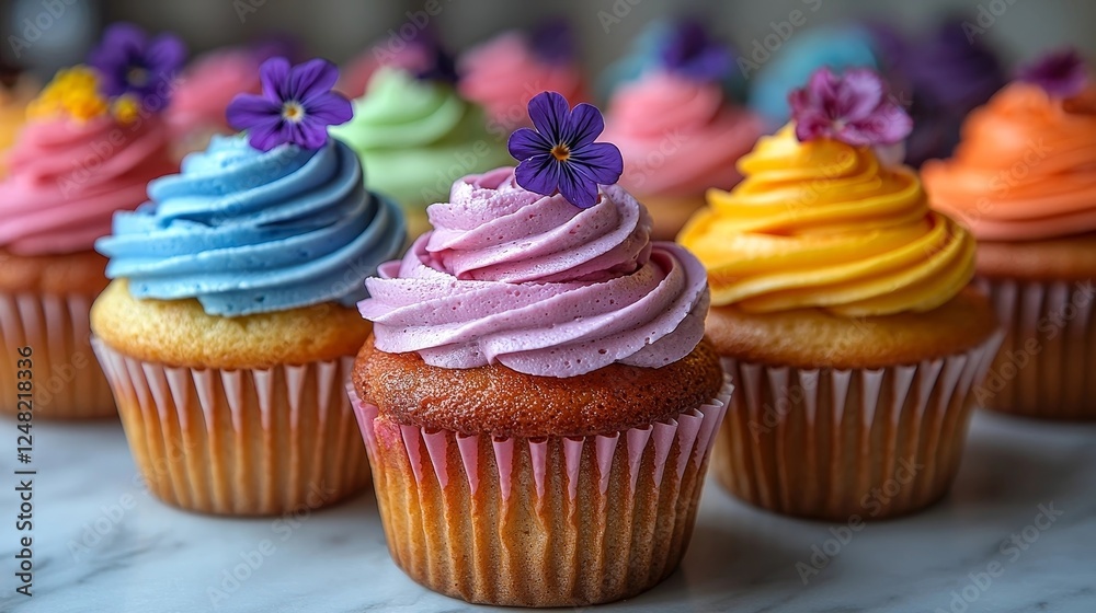 Vibrant and Colorful Cupcakes with Intricate Frosting Swirls and Edible Flowers in a Bright Kitchen Vibrant and Colorful Cupcakes with Intricate Frosting Swirls and Edible Flowers in a Bright Kitchen